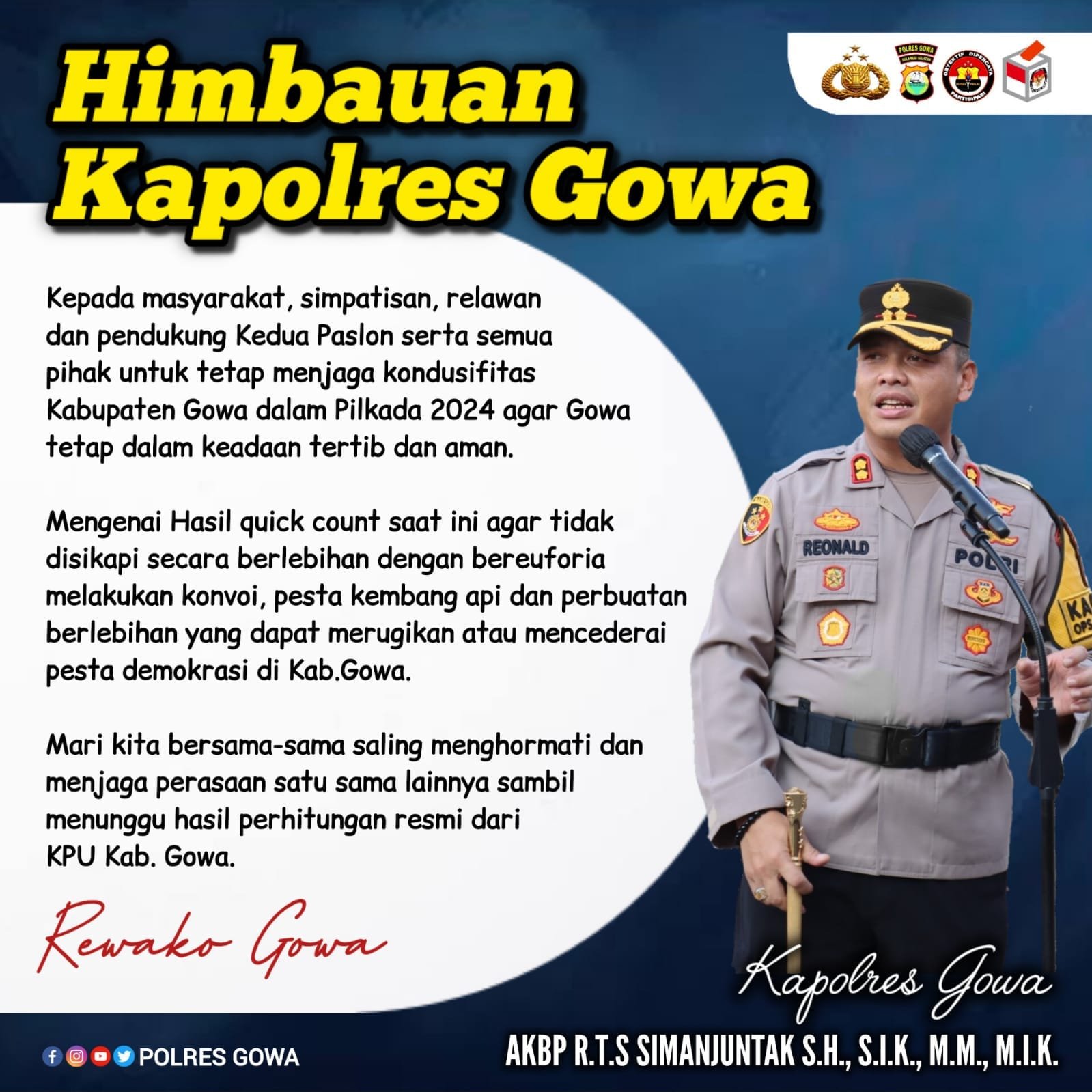Pasca Pemungutan Suara Pilkada 2024, Kapolres Gowa Imbau Masyarakat Tetap Jaga Kondusifitas